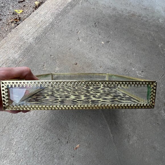 Rachel Zoe Glass Vanity Trinket Tray Leopard Cheetah Gold Tone Office Bathroom 2 - Picture 6 of 14
